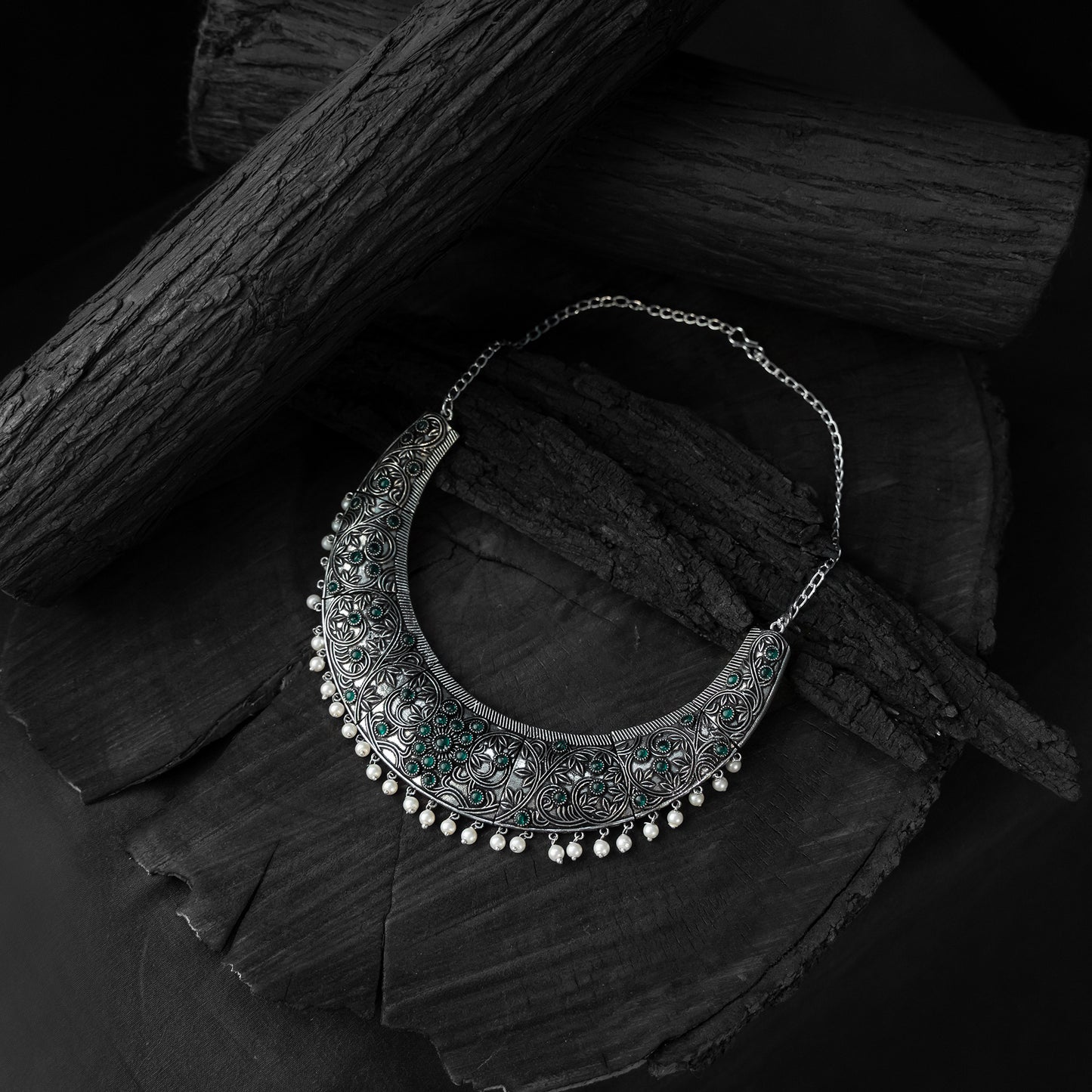Saanjh Bela Green Floral Oxidised Necklace Set