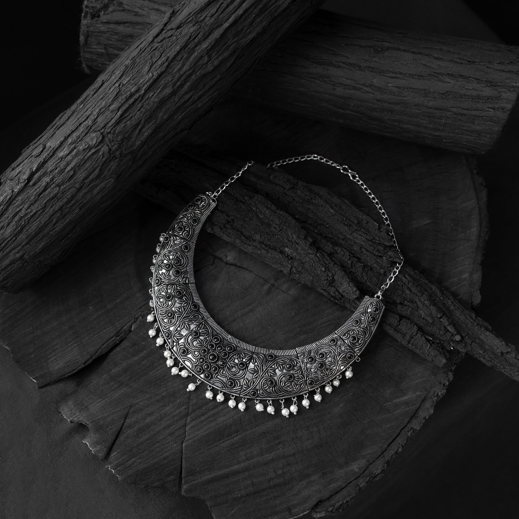 Saanjh Bela Black Floral Oxidised Necklace Set