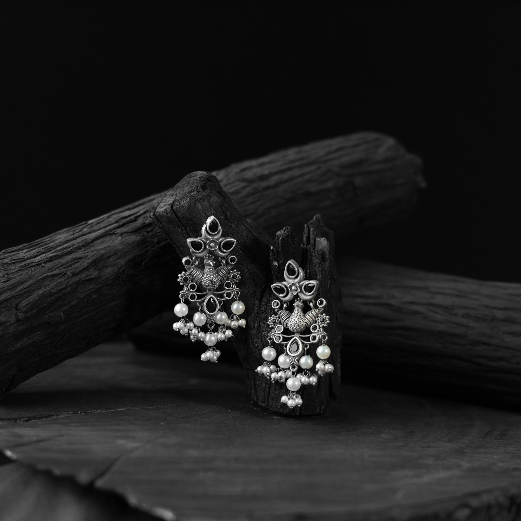 Saanjh Bela Black Peacock Pearls Oxidised Earrings