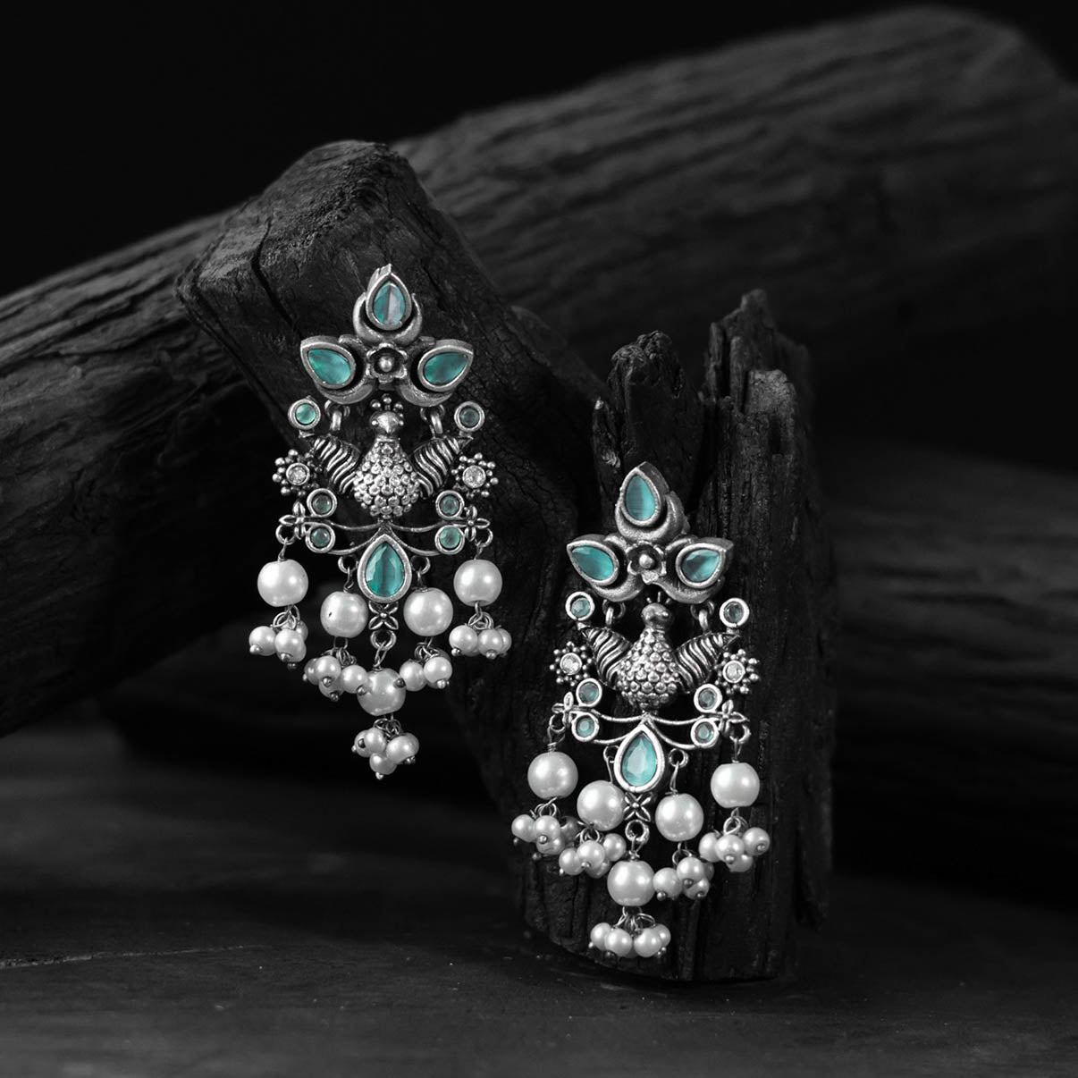 Saanjh Bela Turquoise Peacock Pearls Oxidised Earrings
