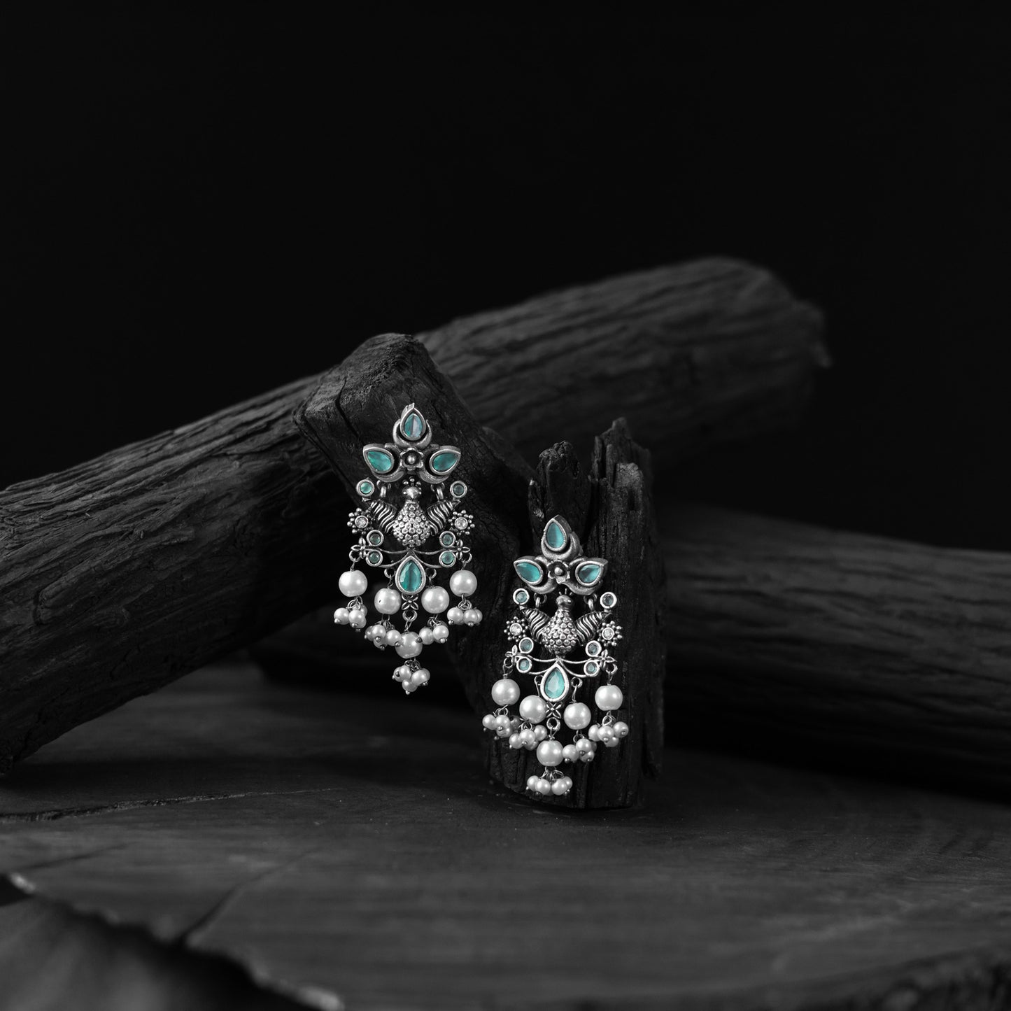 Saanjh Bela Turquoise Peacock Pearls Oxidised Earrings