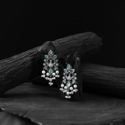 Saanjh Bela Turquoise Peacock Pearls Oxidised Earrings
