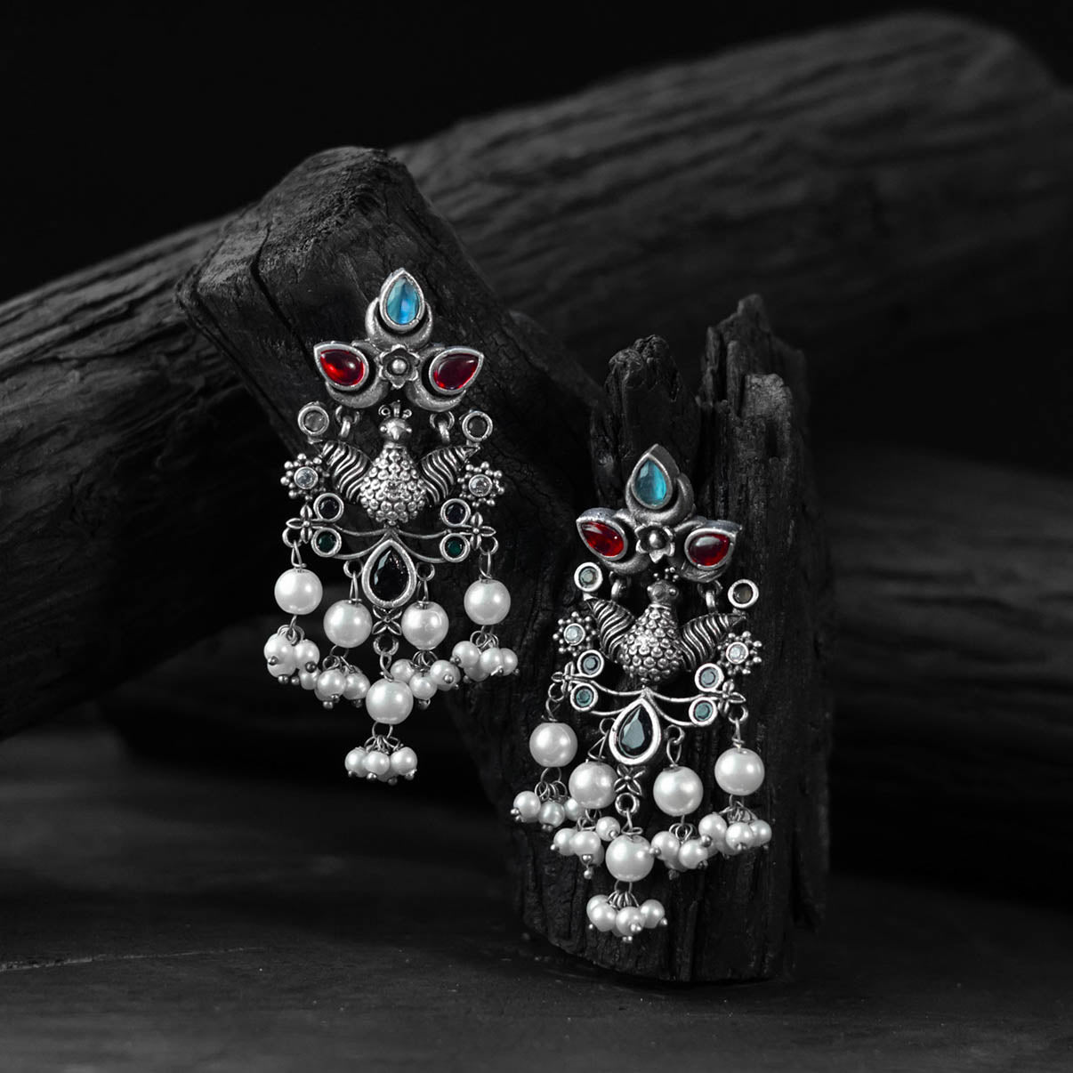 Saanjh Bela Multicolor Peacock Pearls Oxidised Earrings