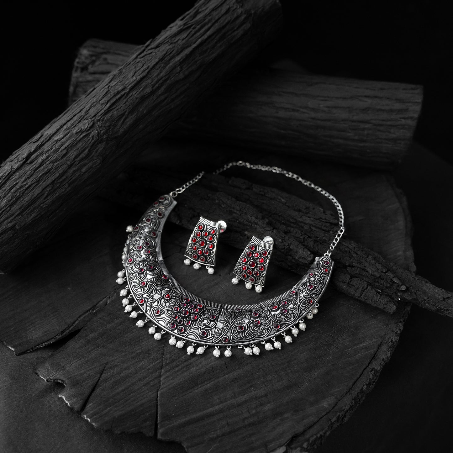 Saanjh Bela Ruby Floral Oxidised Necklace Set