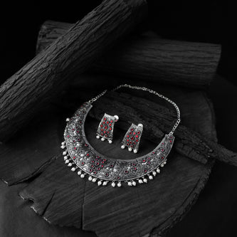Saanjh Bela Ruby Floral Oxidised Necklace Set