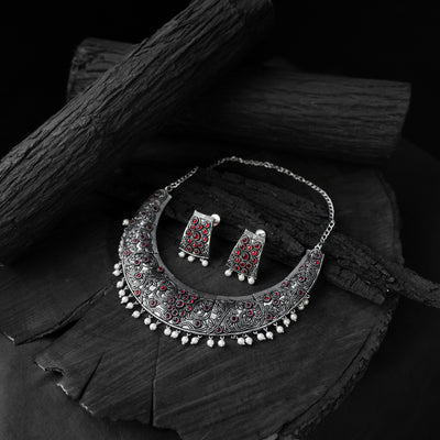 Saanjh Bela Ruby Floral Oxidised Necklace Set