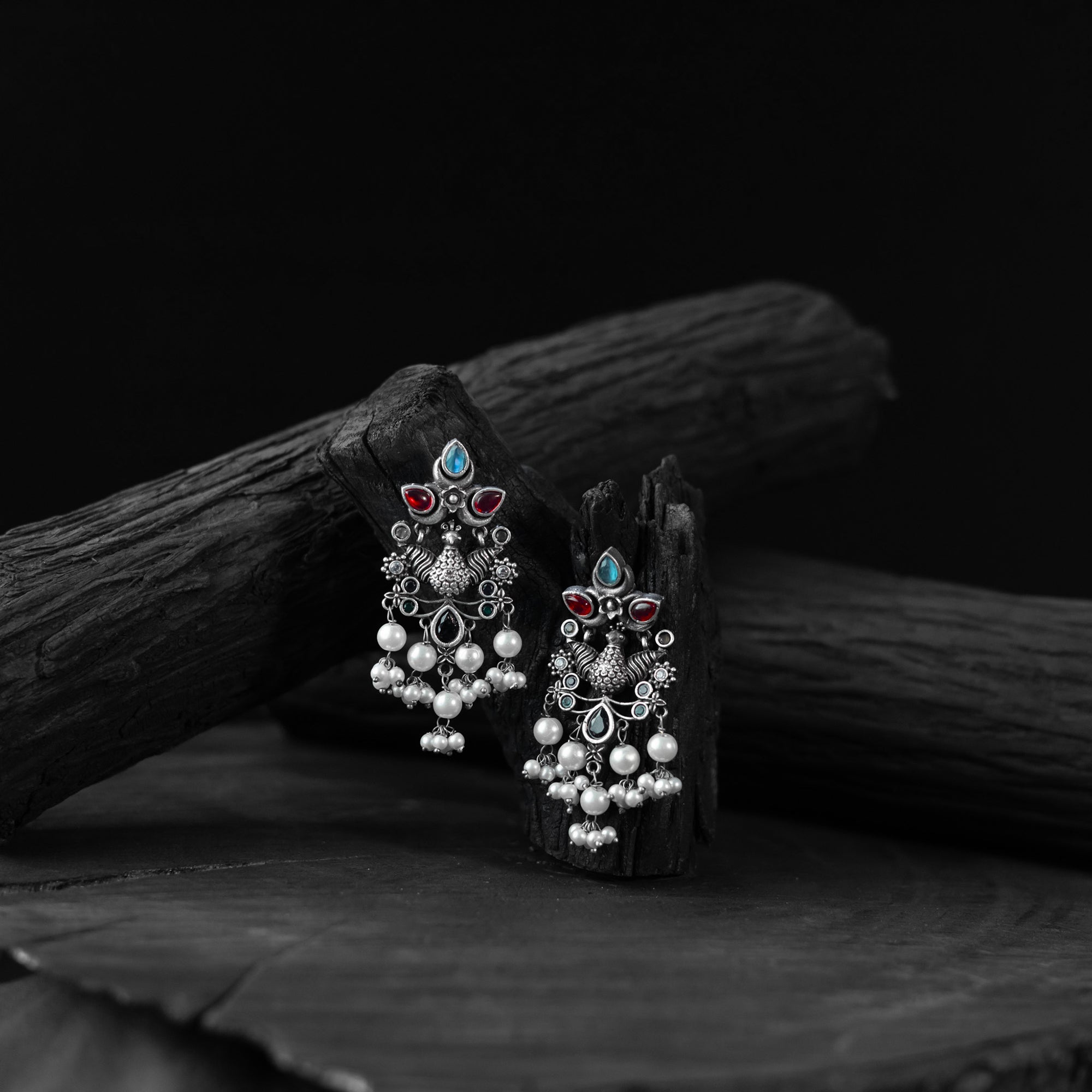 Saanjh Bela Multicolor Peacock Pearls Oxidised Earrings