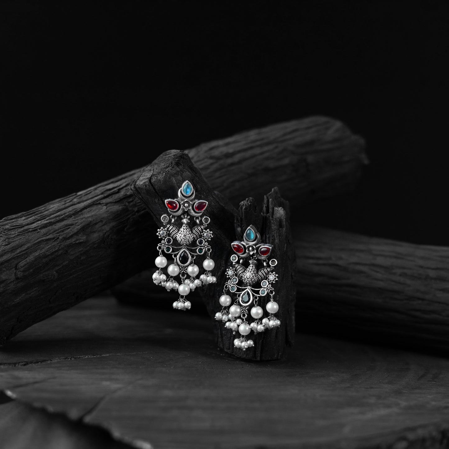 Saanjh Bela Multicolor Peacock Pearls Oxidised Earrings
