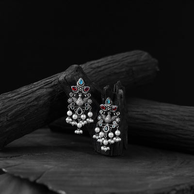 Saanjh Bela Multicolor Peacock Pearls Oxidised Earrings