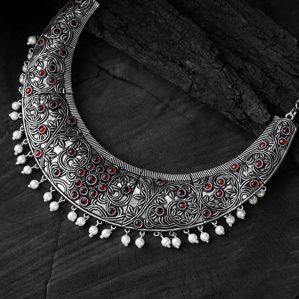 Saanjh Bela Ruby Floral Oxidised Necklace Set
