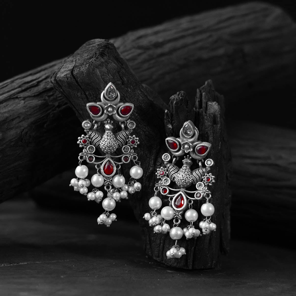 Saanjh Bela Red Peacock Pearls Oxidised Earrings