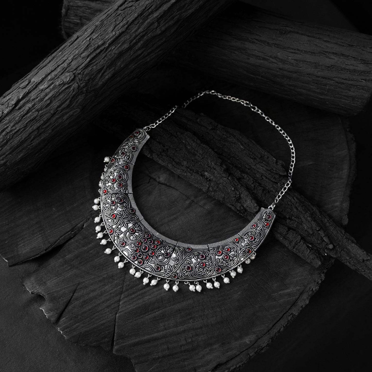 Saanjh Bela Ruby Floral Oxidised Necklace Set