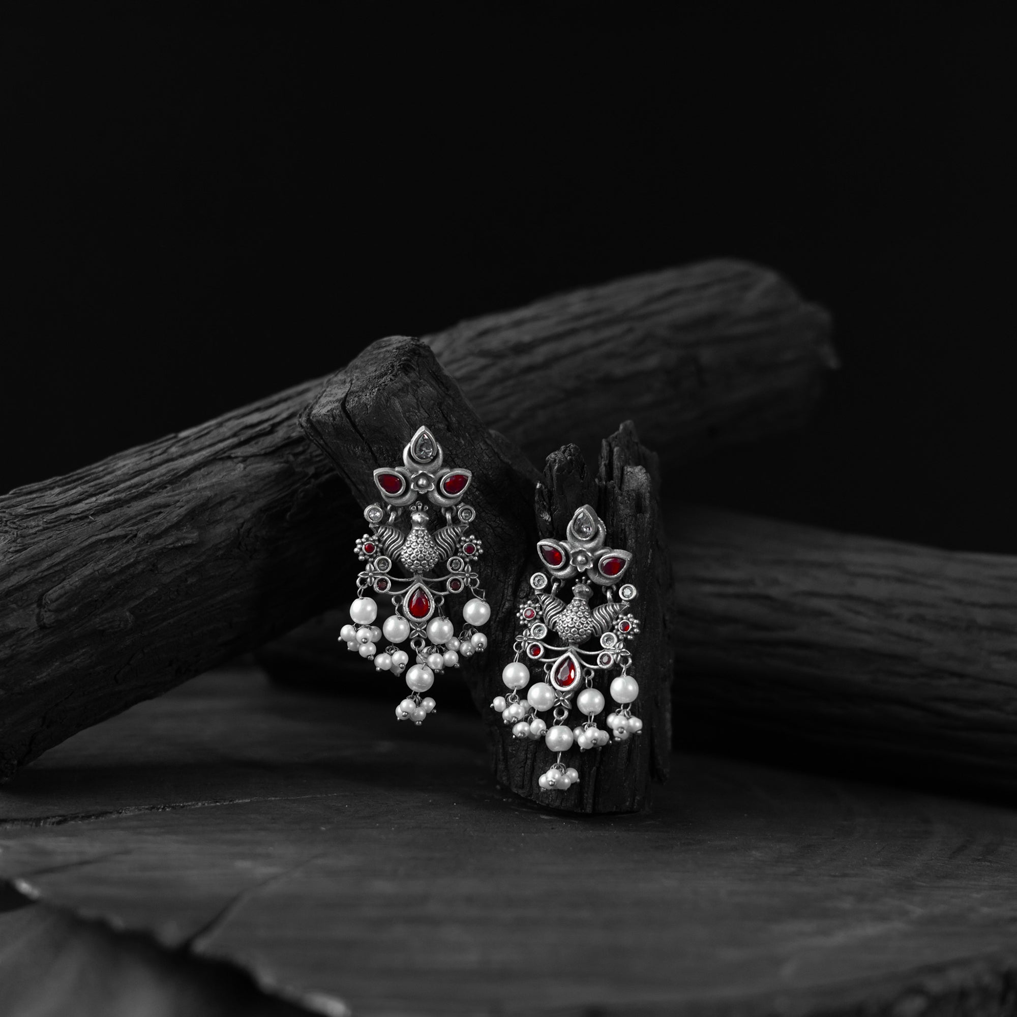 Saanjh Bela Red Peacock Pearls Oxidised Earrings