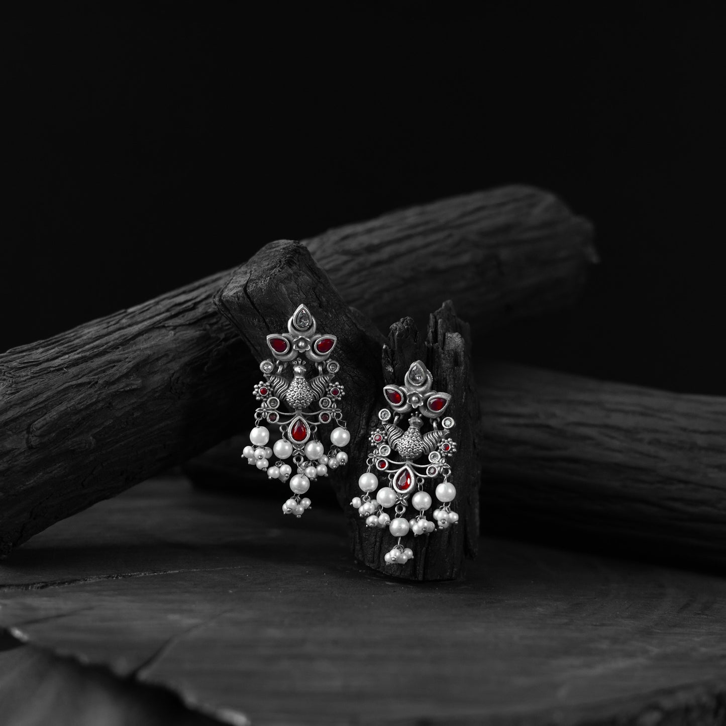 Saanjh Bela Red Peacock Pearls Oxidised Earrings