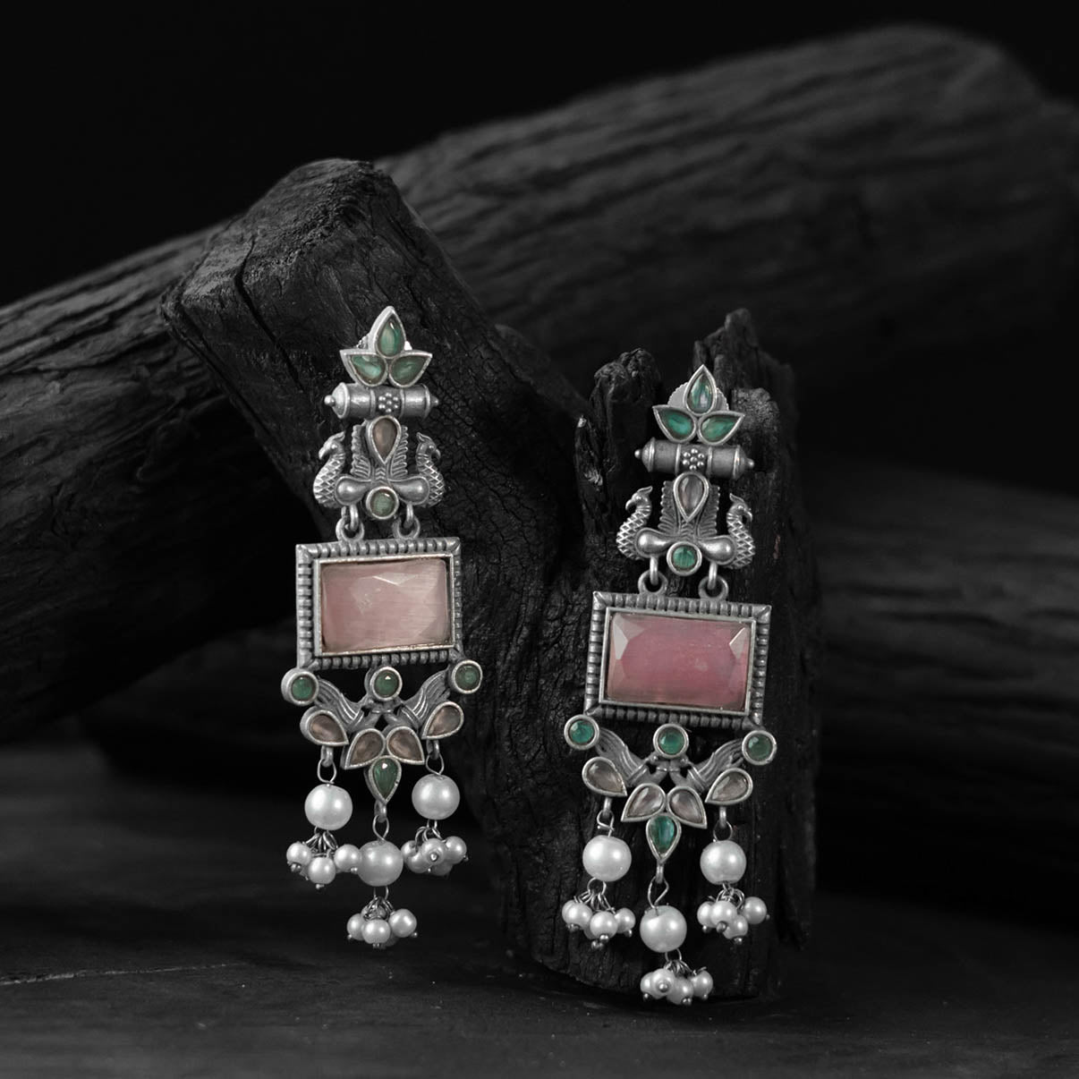 Saanjh Bela Pink & Green Seahorse Oxidised Earrings