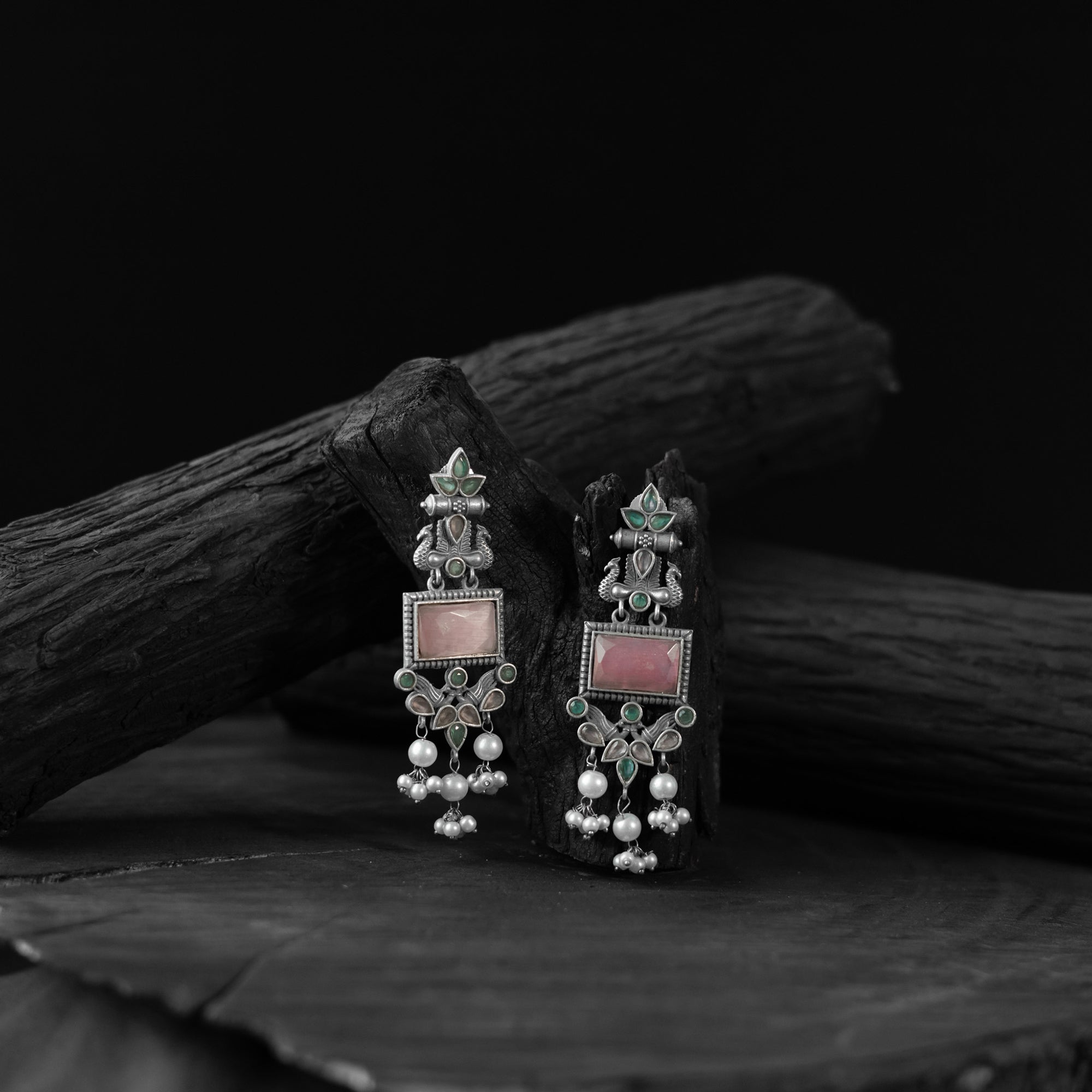 Saanjh Bela Pink & Green Seahorse Oxidised Earrings