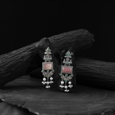Saanjh Bela Pink & Green Seahorse Oxidised Earrings