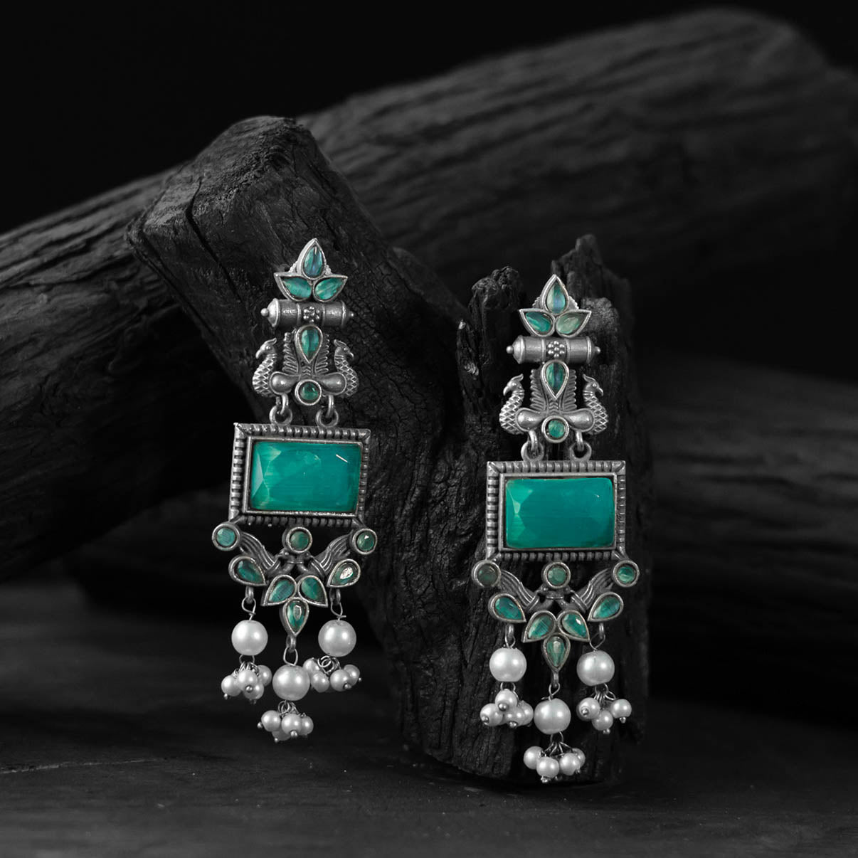 Saanjh Bela Turquoise Green Seahorse Oxidised Earrings