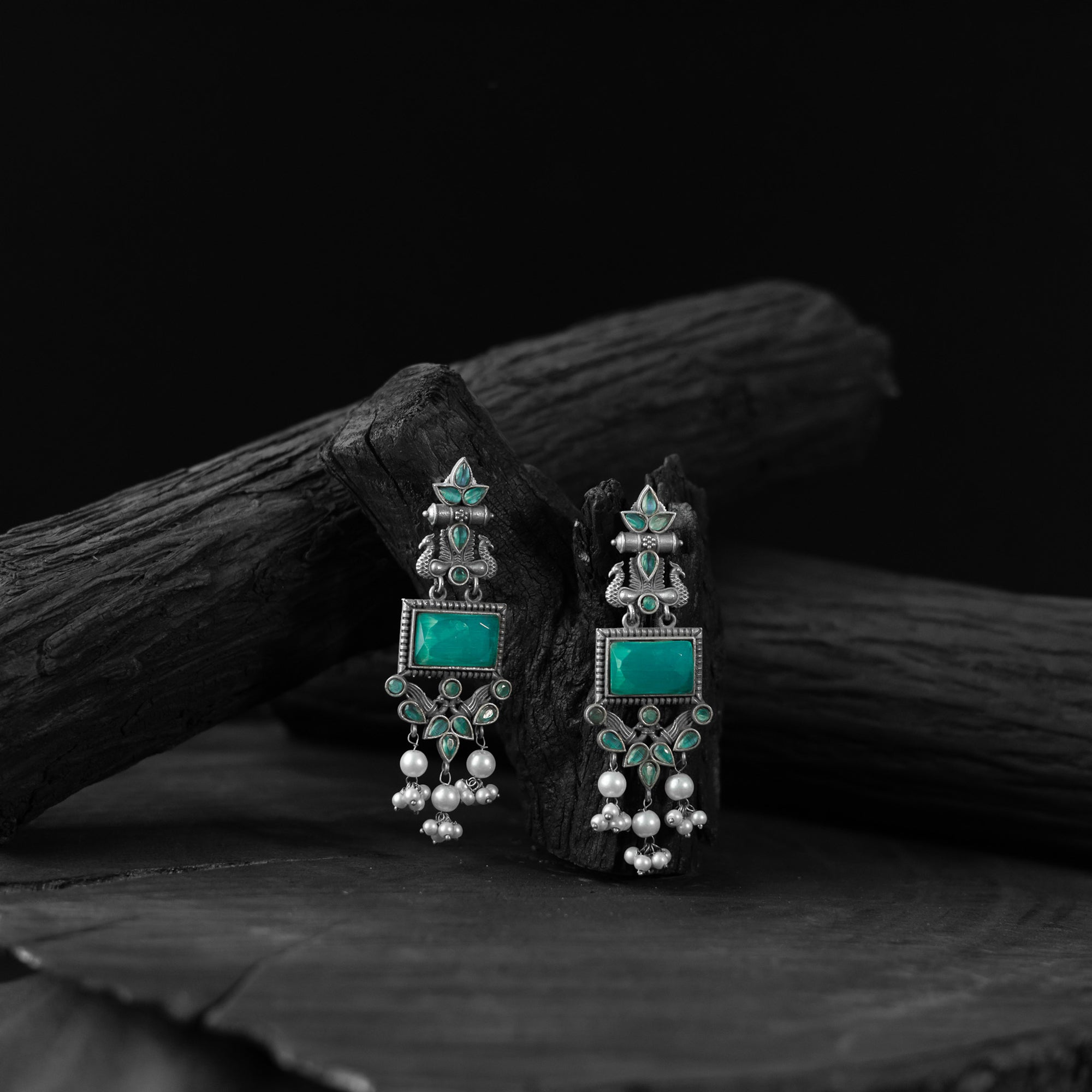 Saanjh Bela Turquoise Green Seahorse Oxidised Earrings