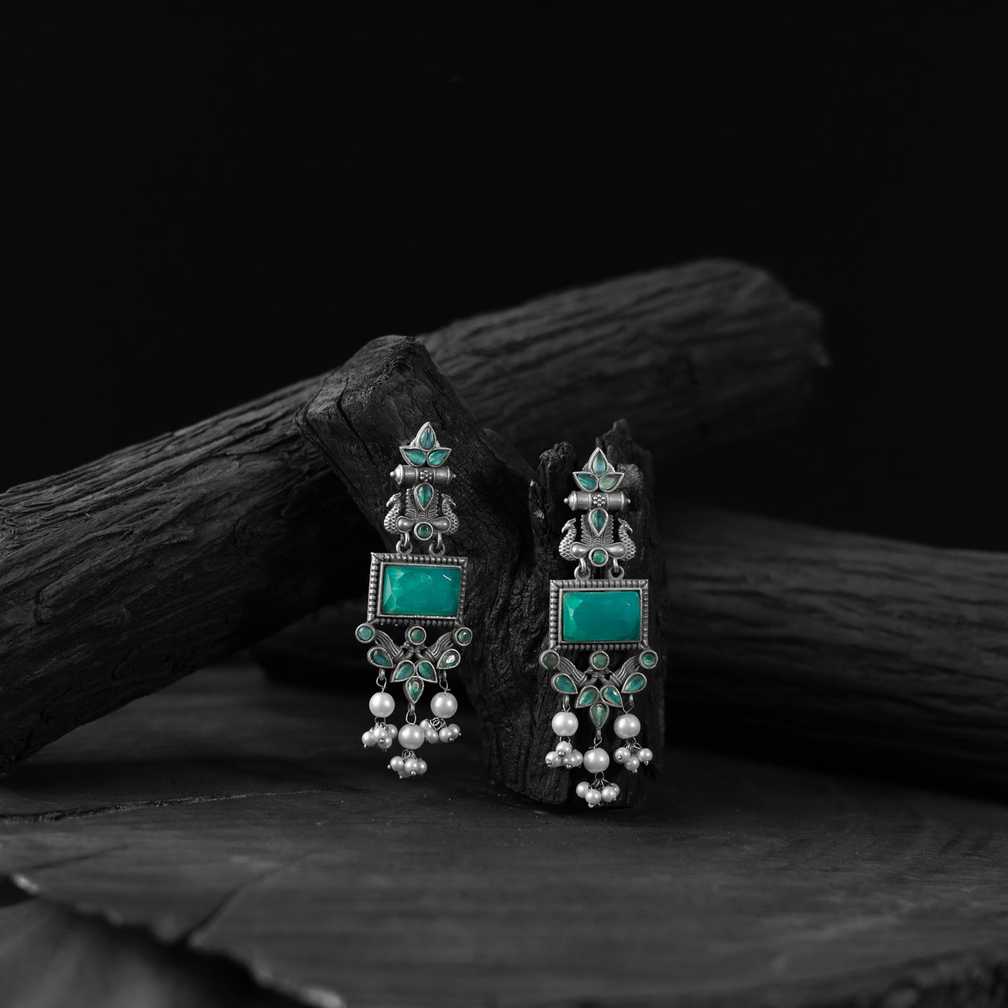 Saanjh Bela Turquoise Green Seahorse Oxidised Earrings