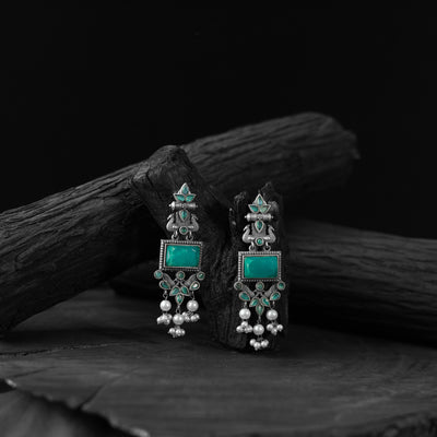 Saanjh Bela Turquoise Green Seahorse Oxidised Earrings