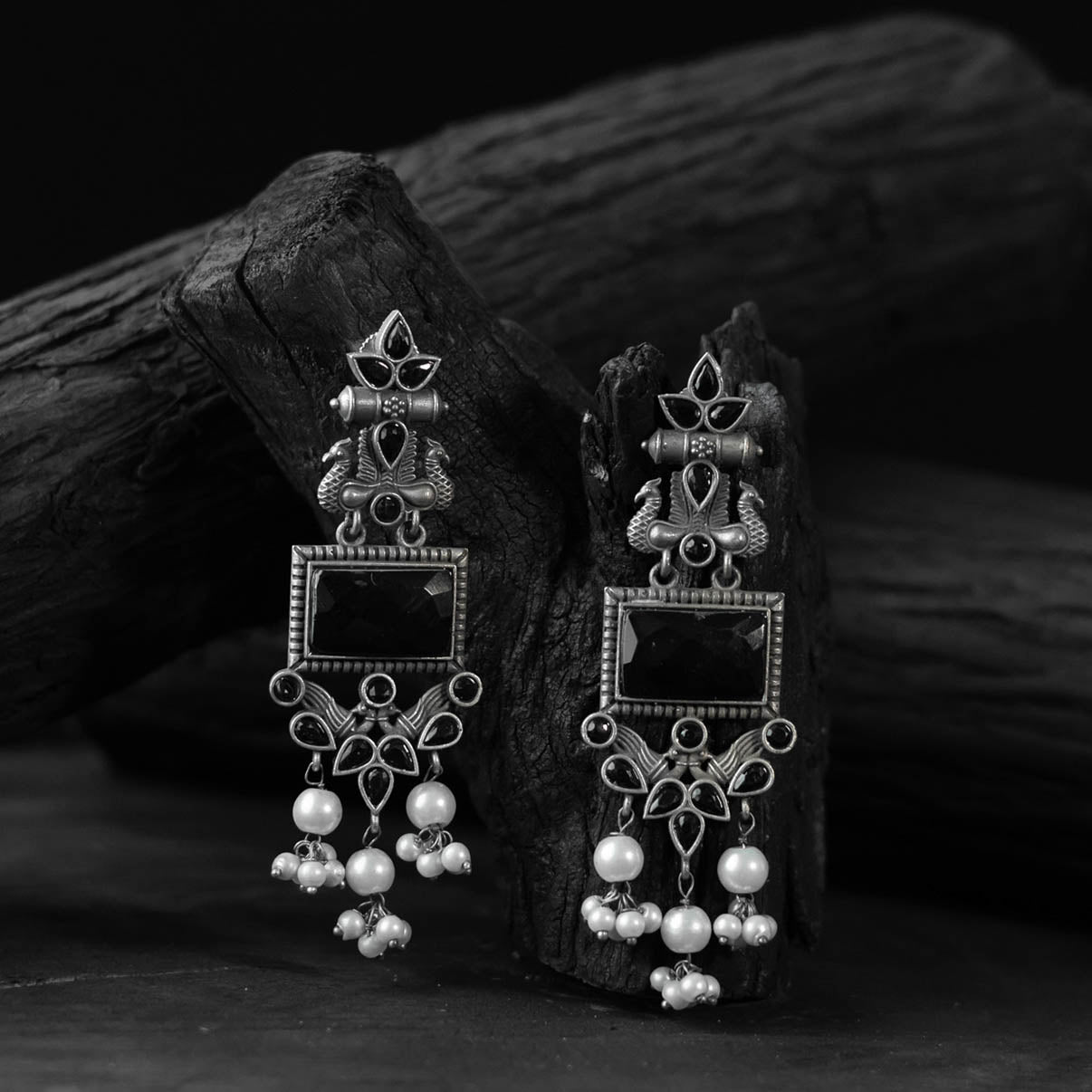Saanjh Bela Black Seahorse Oxidised Earrings