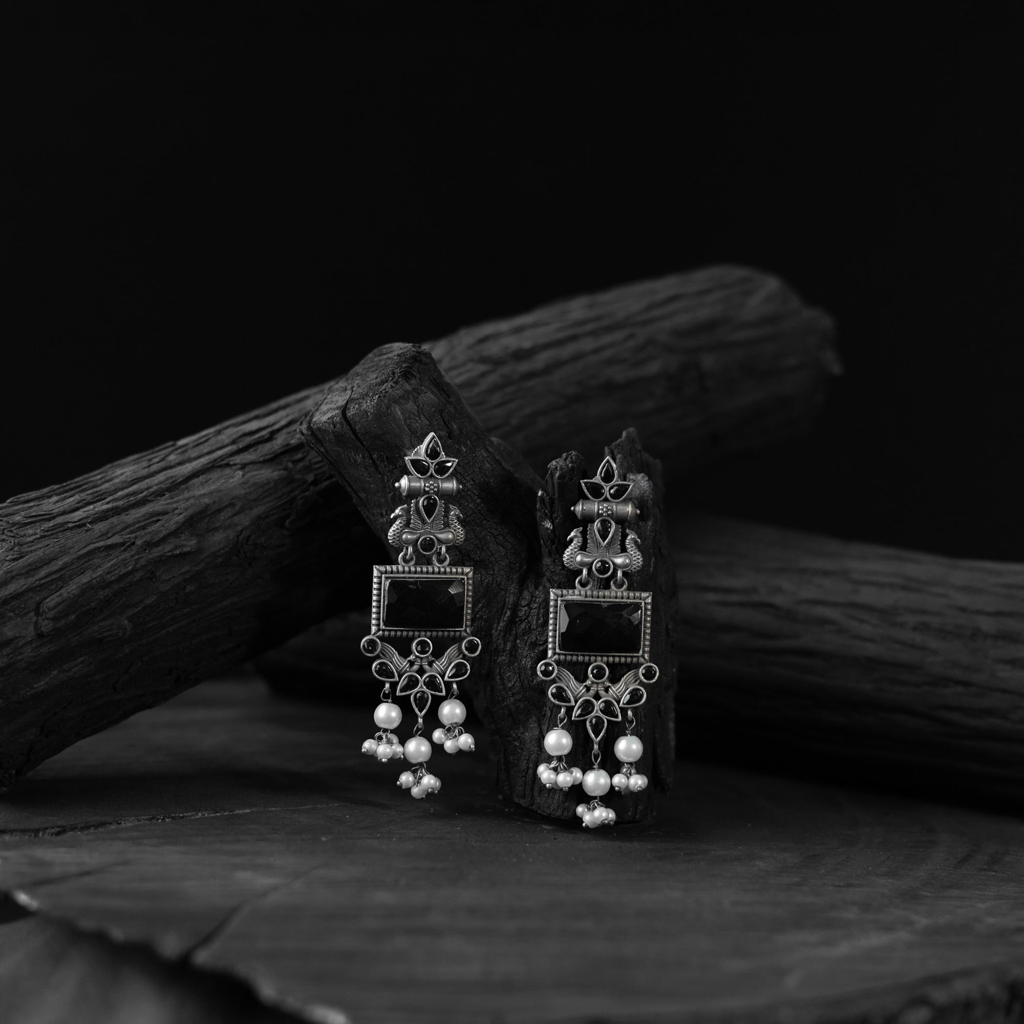 Saanjh Bela Black Seahorse Oxidised Earrings