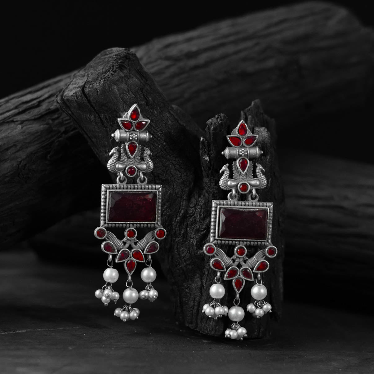 Saanjh Bela Red Seahorse Oxidised Earrings