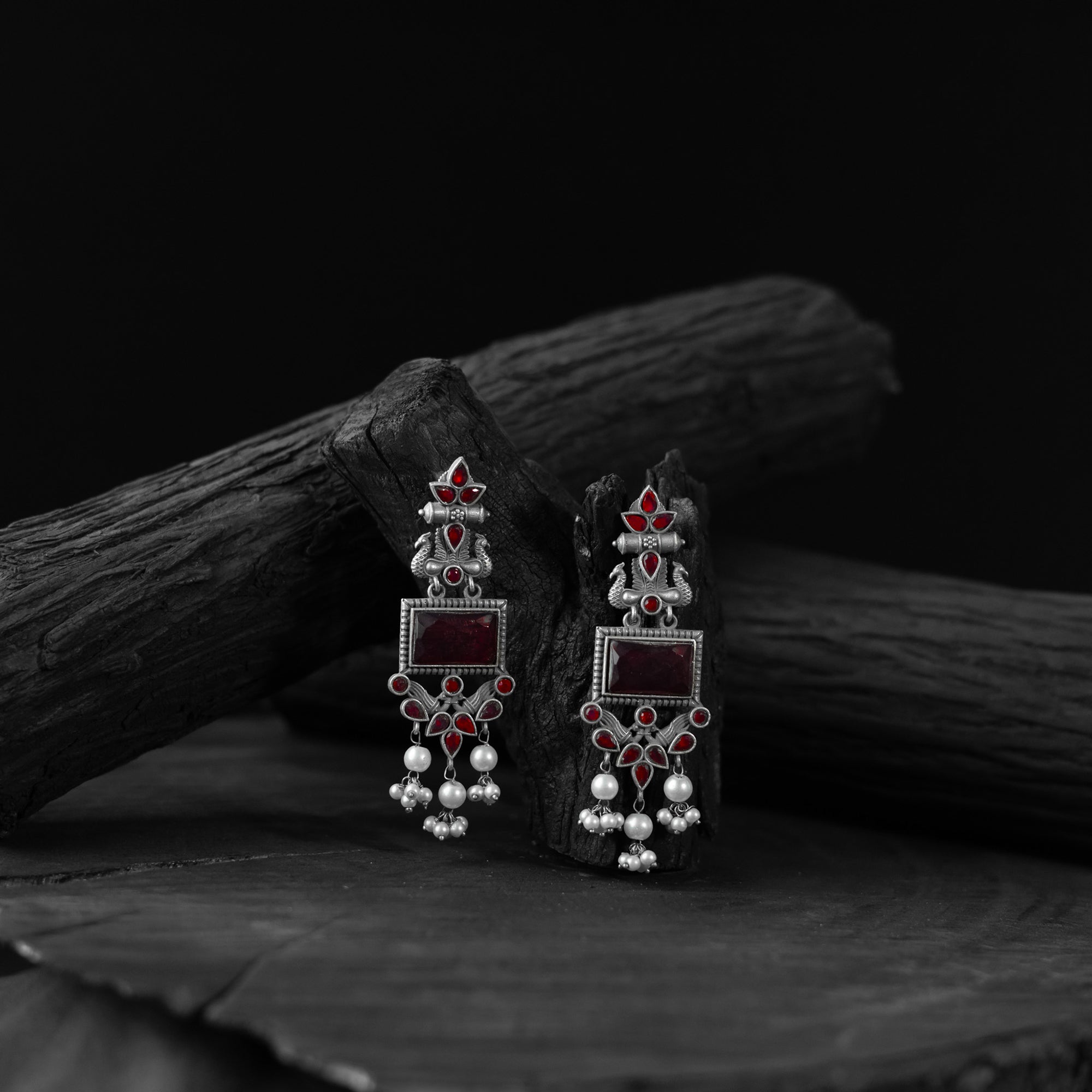 Saanjh Bela Red Seahorse Oxidised Earrings