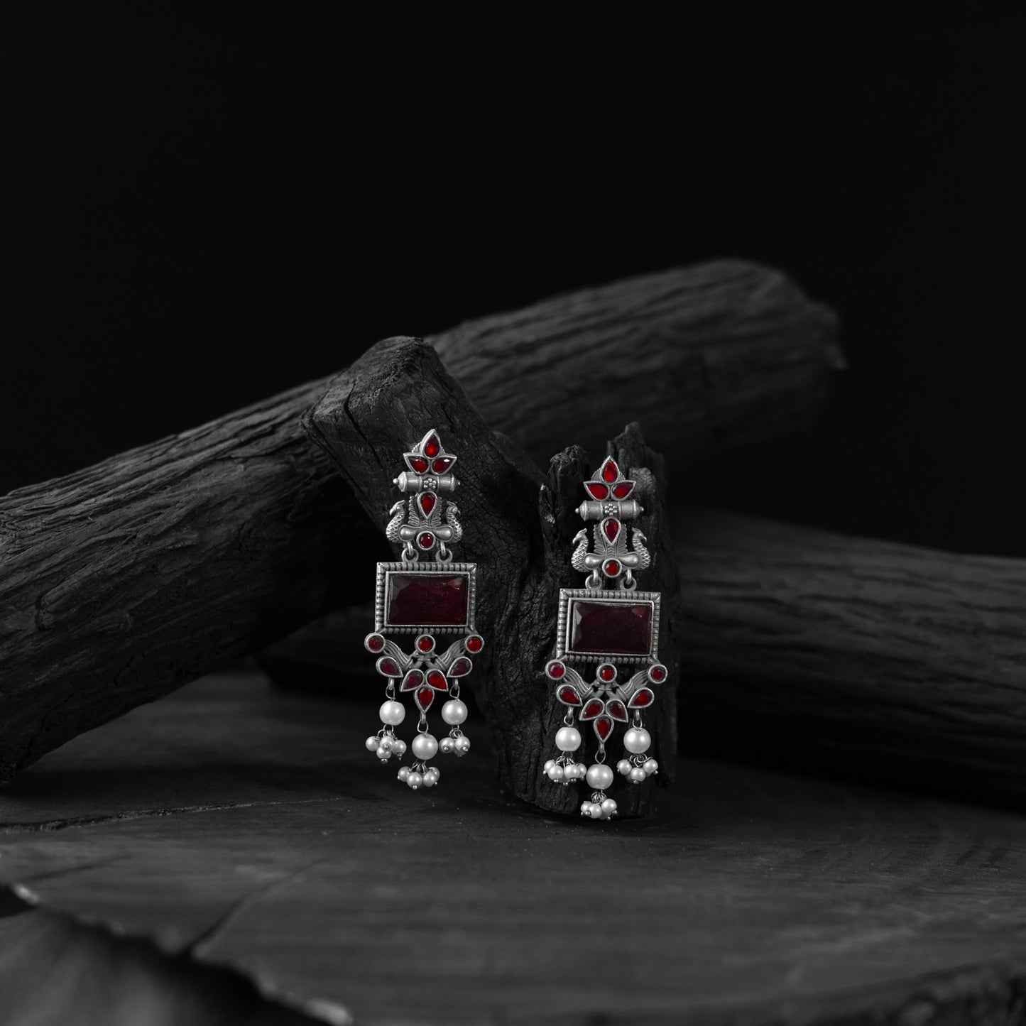 Saanjh Bela Red Seahorse Oxidised Earrings
