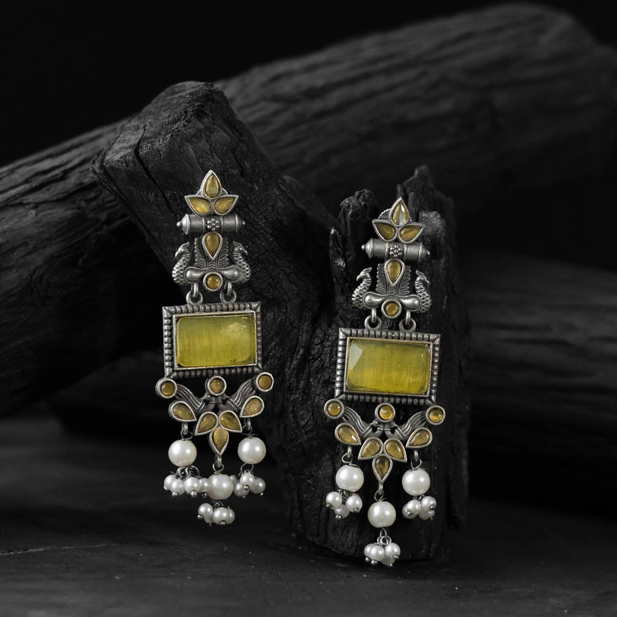 Saanjh Bela Yellow Seahorse Oxidised Earrings