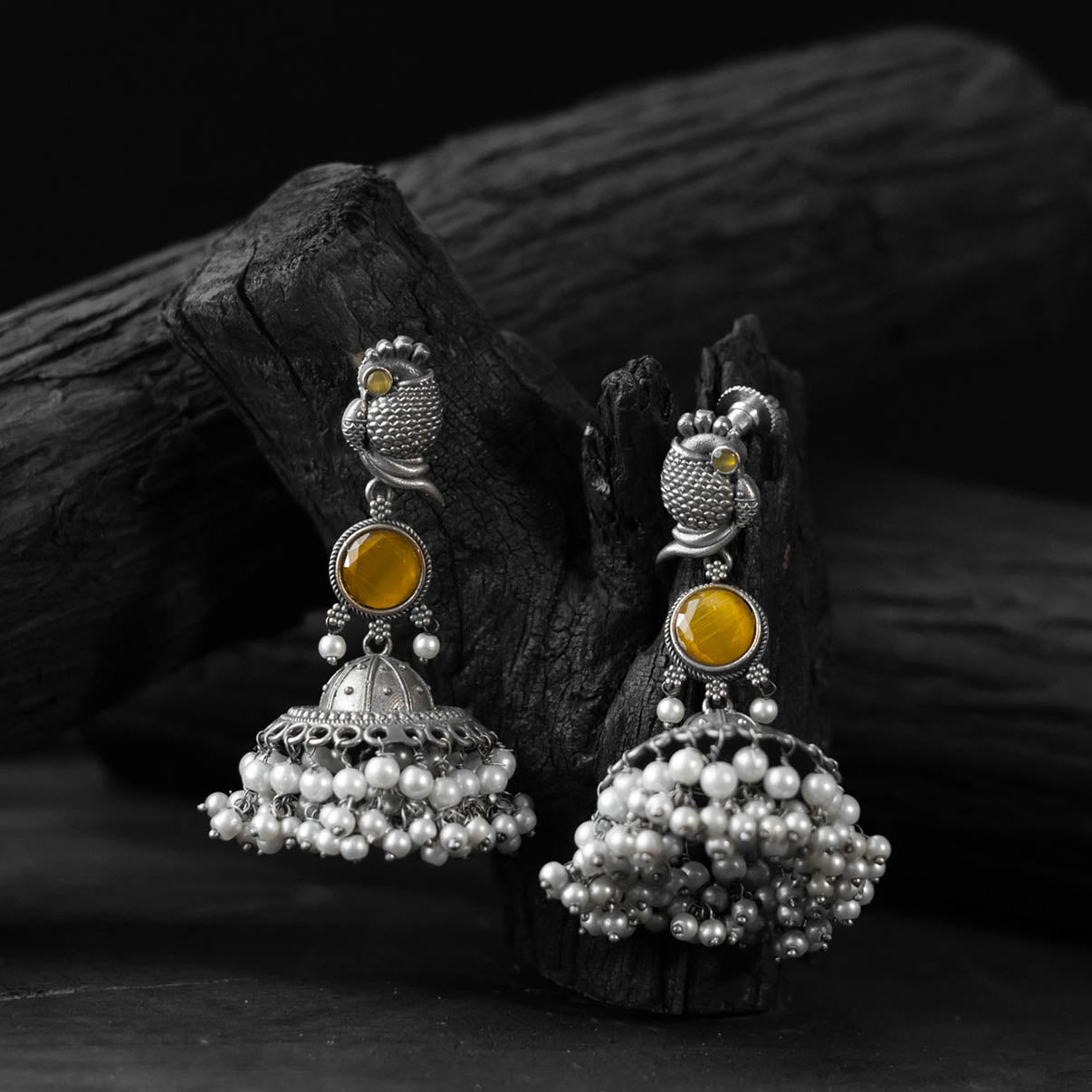 Saanjh Bela Golden Peacock Oxidised Earrings