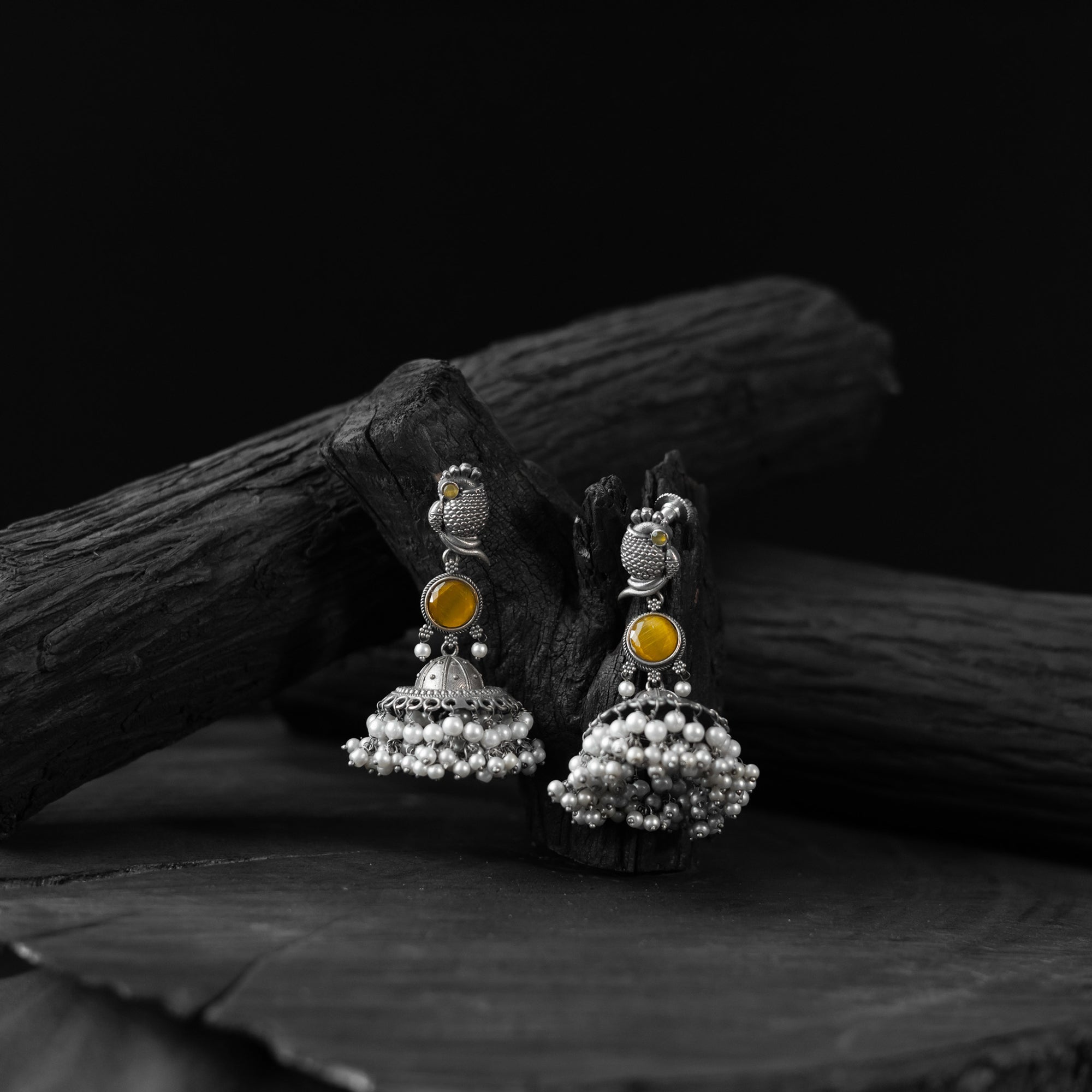 Saanjh Bela Golden Peacock Oxidised Earrings