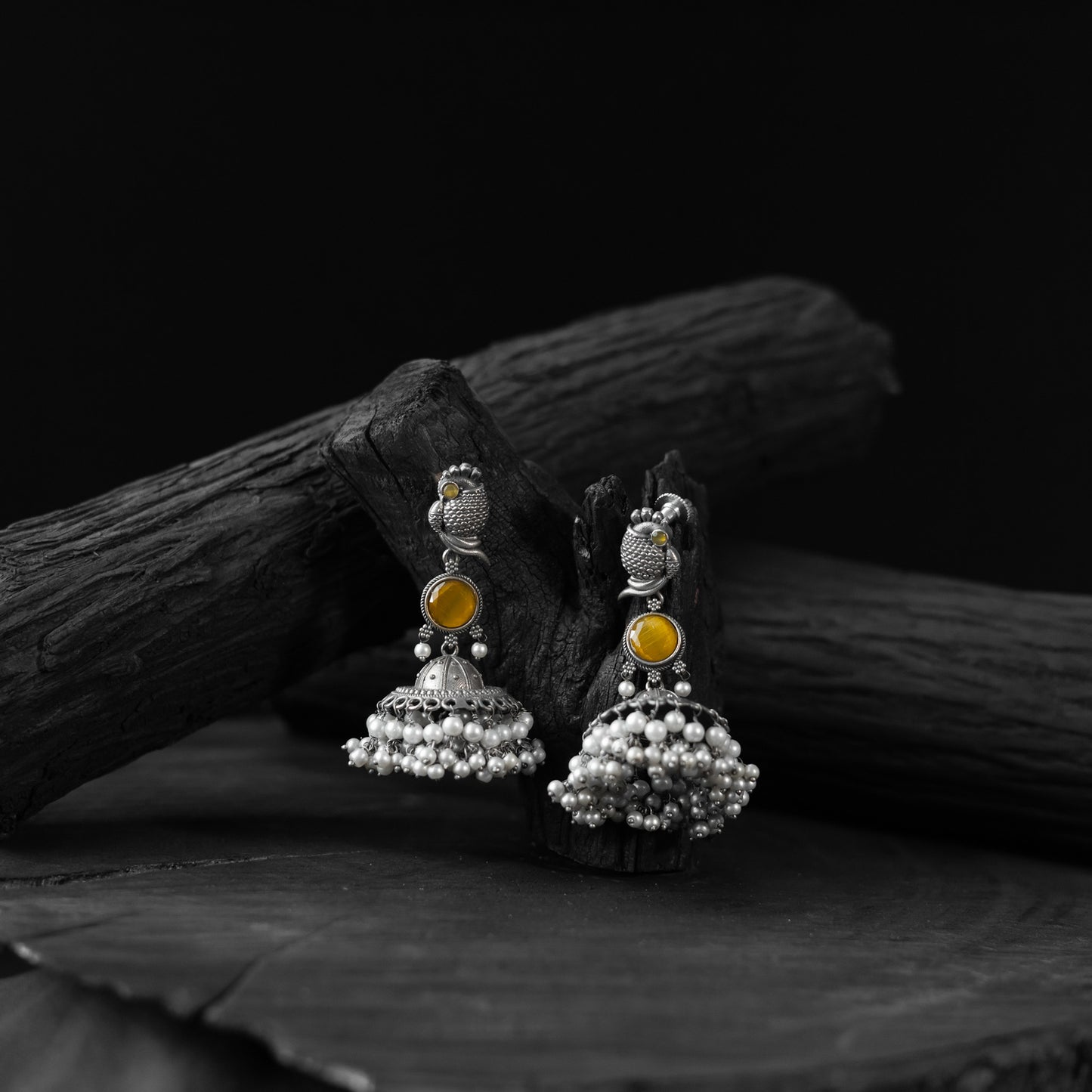 Saanjh Bela Golden Peacock Oxidised Earrings