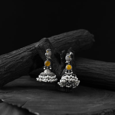 Saanjh Bela Golden Peacock Oxidised Earrings