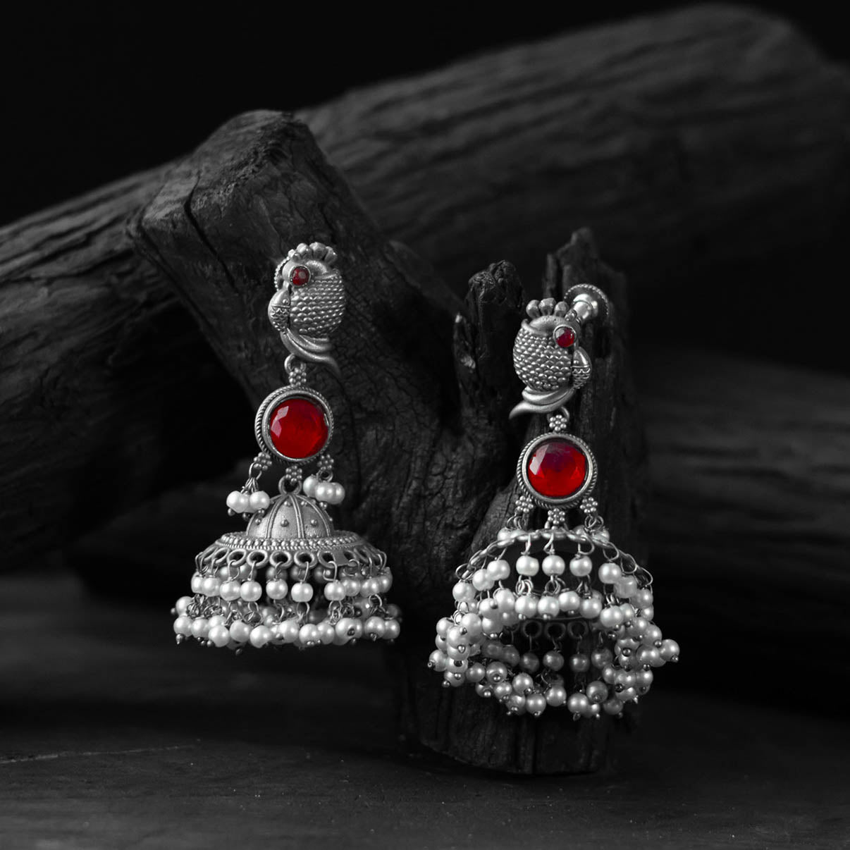 Saanjh Bela Ruby Peacock Oxidised Earrings