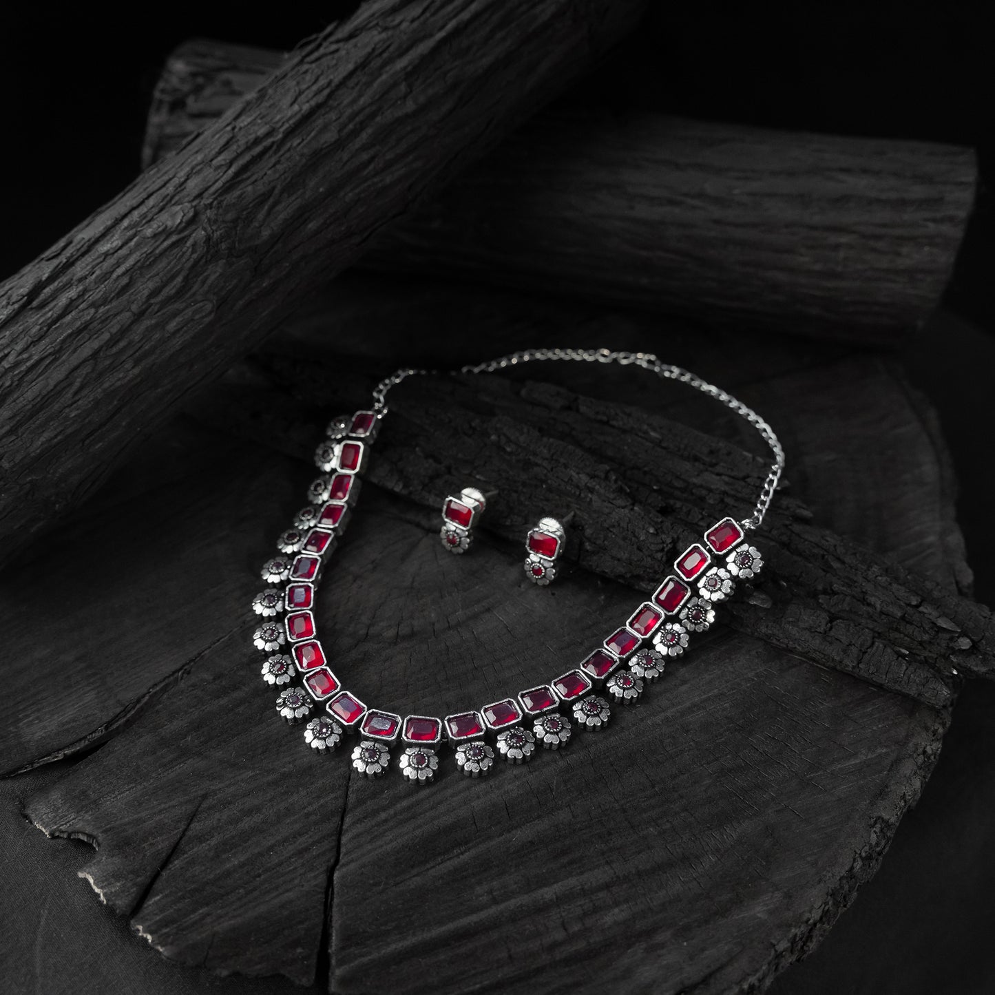 Saanjh Bela Ruby Blossom Oxidised Necklace Set