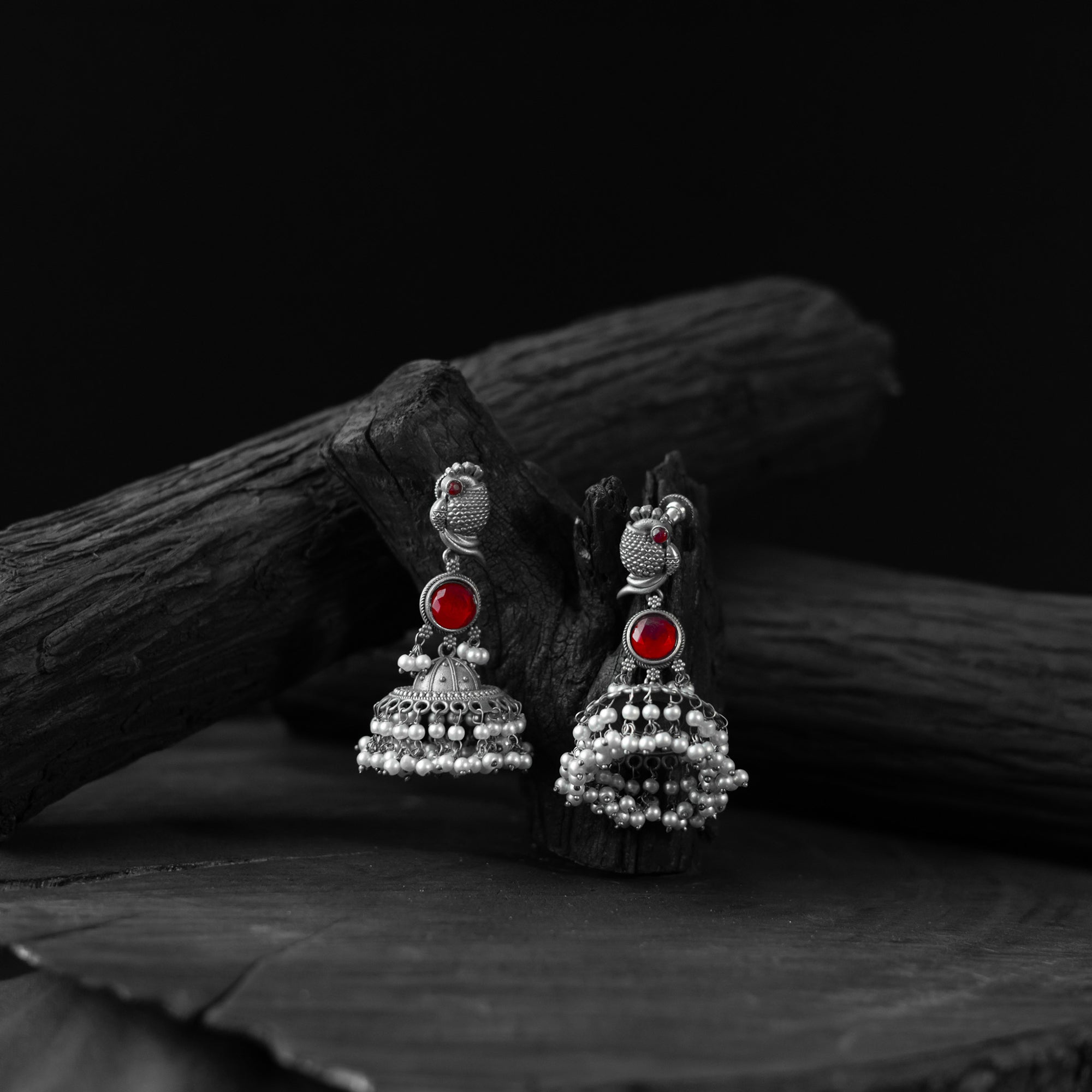 Saanjh Bela Ruby Peacock Oxidised Earrings