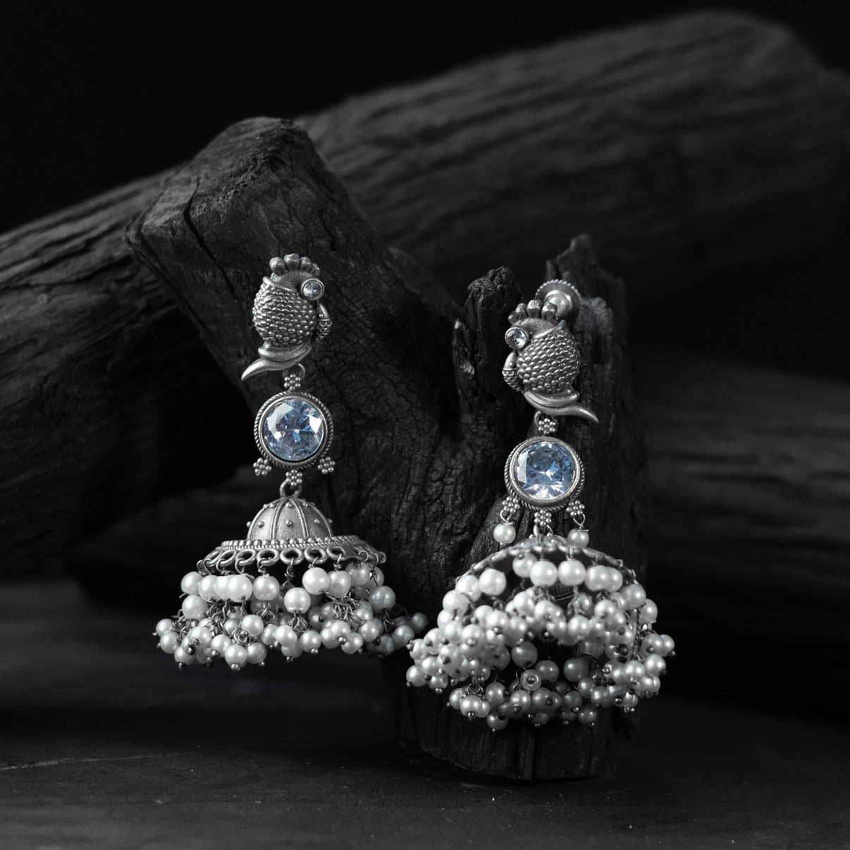 Saanjh Bela Light Blue Peacock Oxidised Earrings