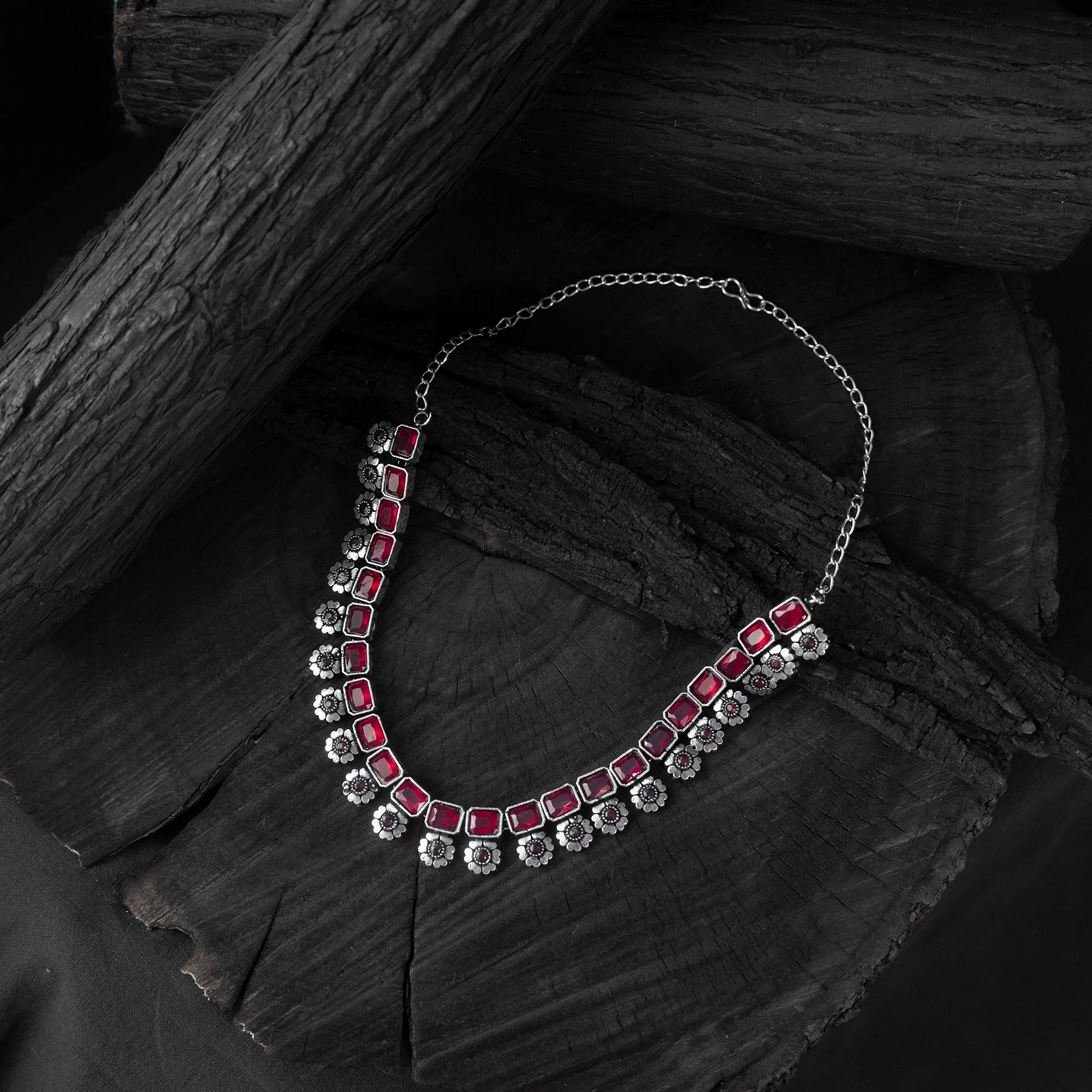 Saanjh Bela Ruby Blossom Oxidised Necklace Set