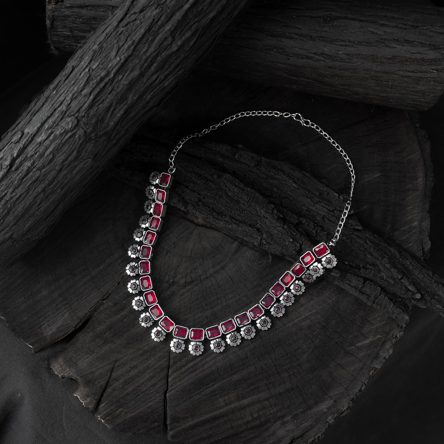 Saanjh Bela Ruby Blossom Oxidised Necklace Set