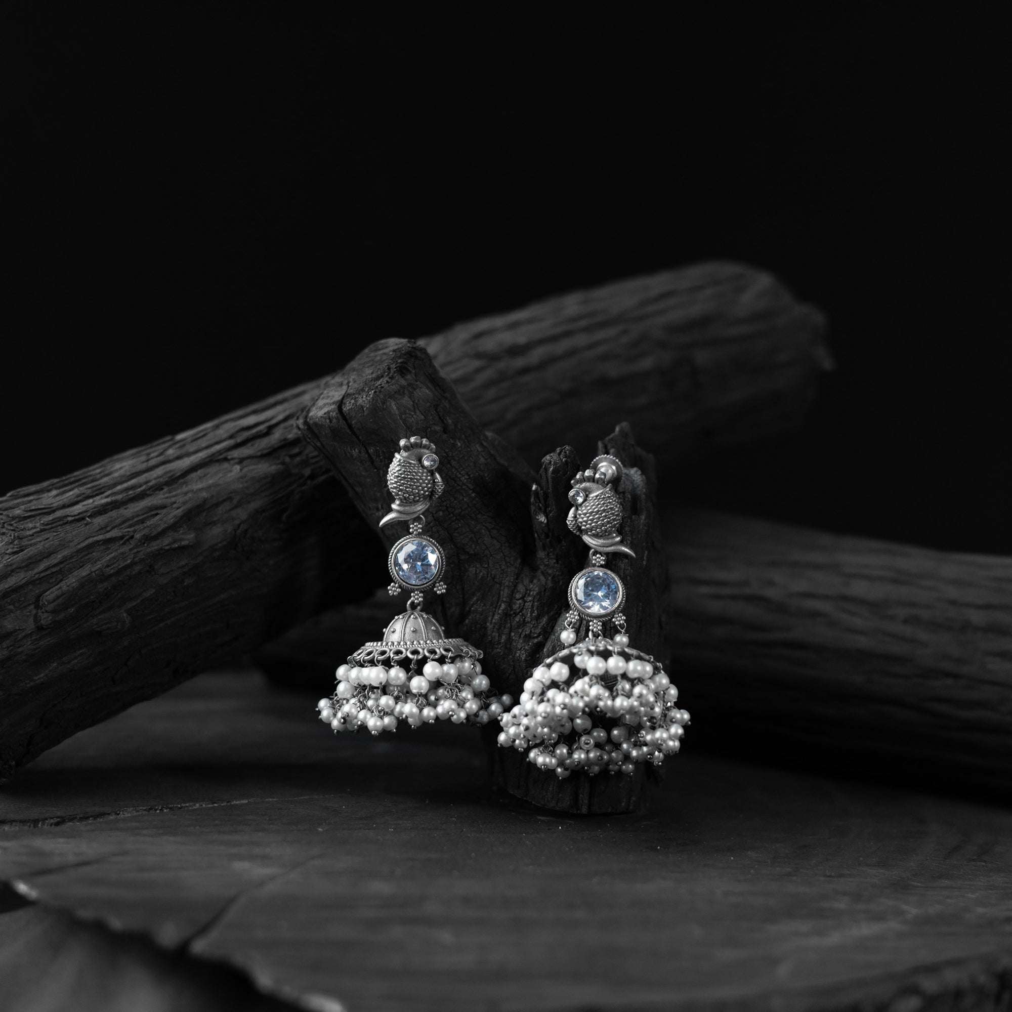 Saanjh Bela Light Blue Peacock Oxidised Earrings
