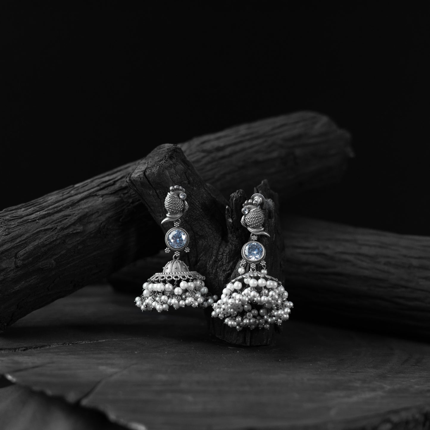Saanjh Bela Light Blue Peacock Oxidised Earrings