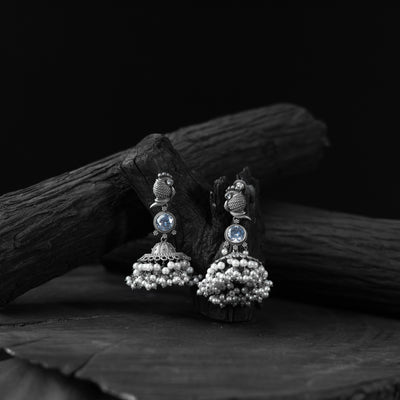 Saanjh Bela Light Blue Peacock Oxidised Earrings