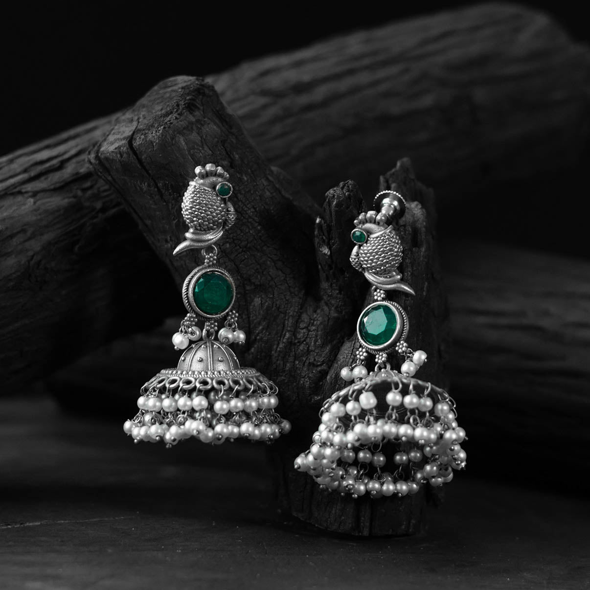 Saanjh Bela Peacock Green Oxidised Earrings