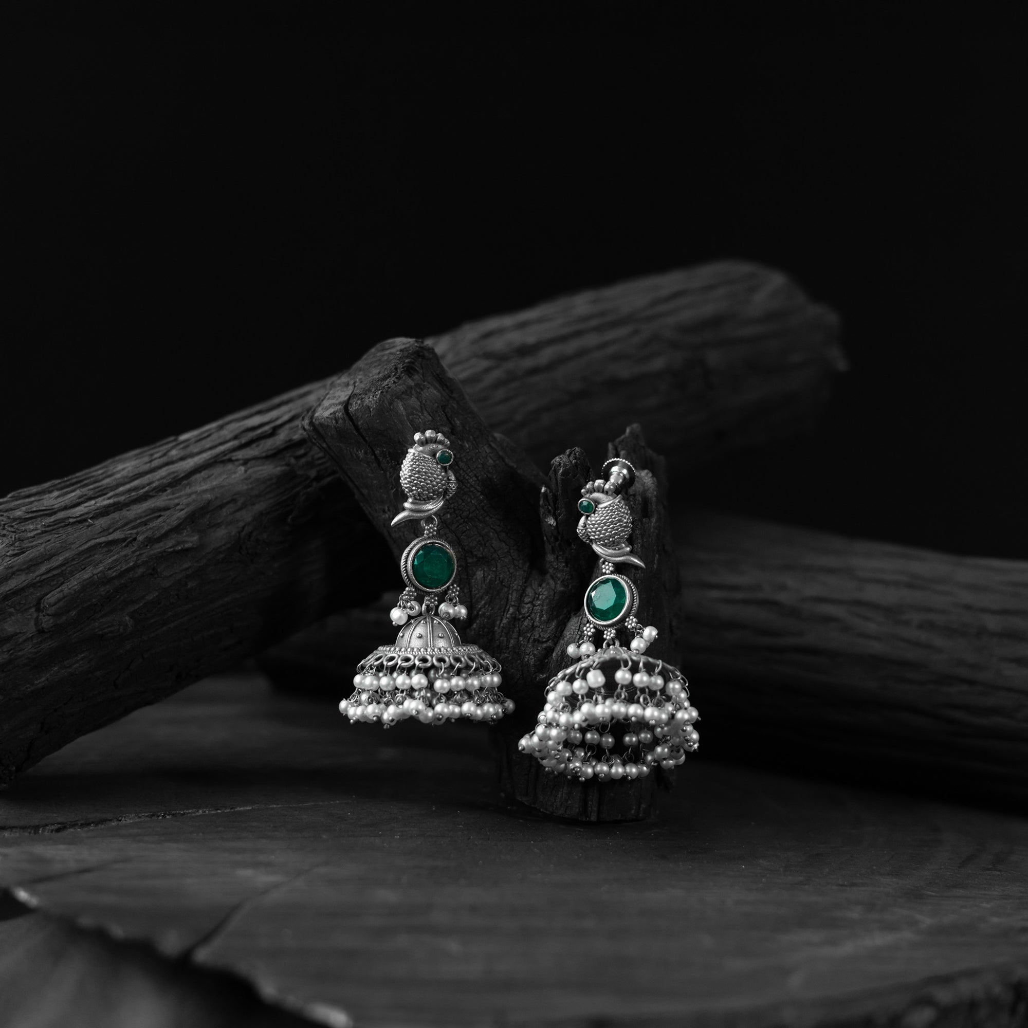Saanjh Bela Peacock Green Oxidised Earrings