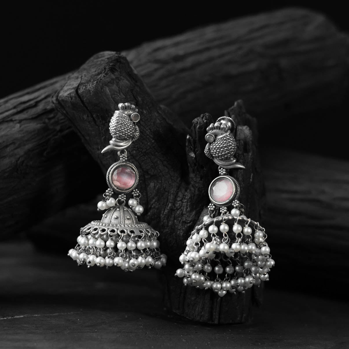 Saanjh Bela Peacock Light Pink Oxidised Earrings