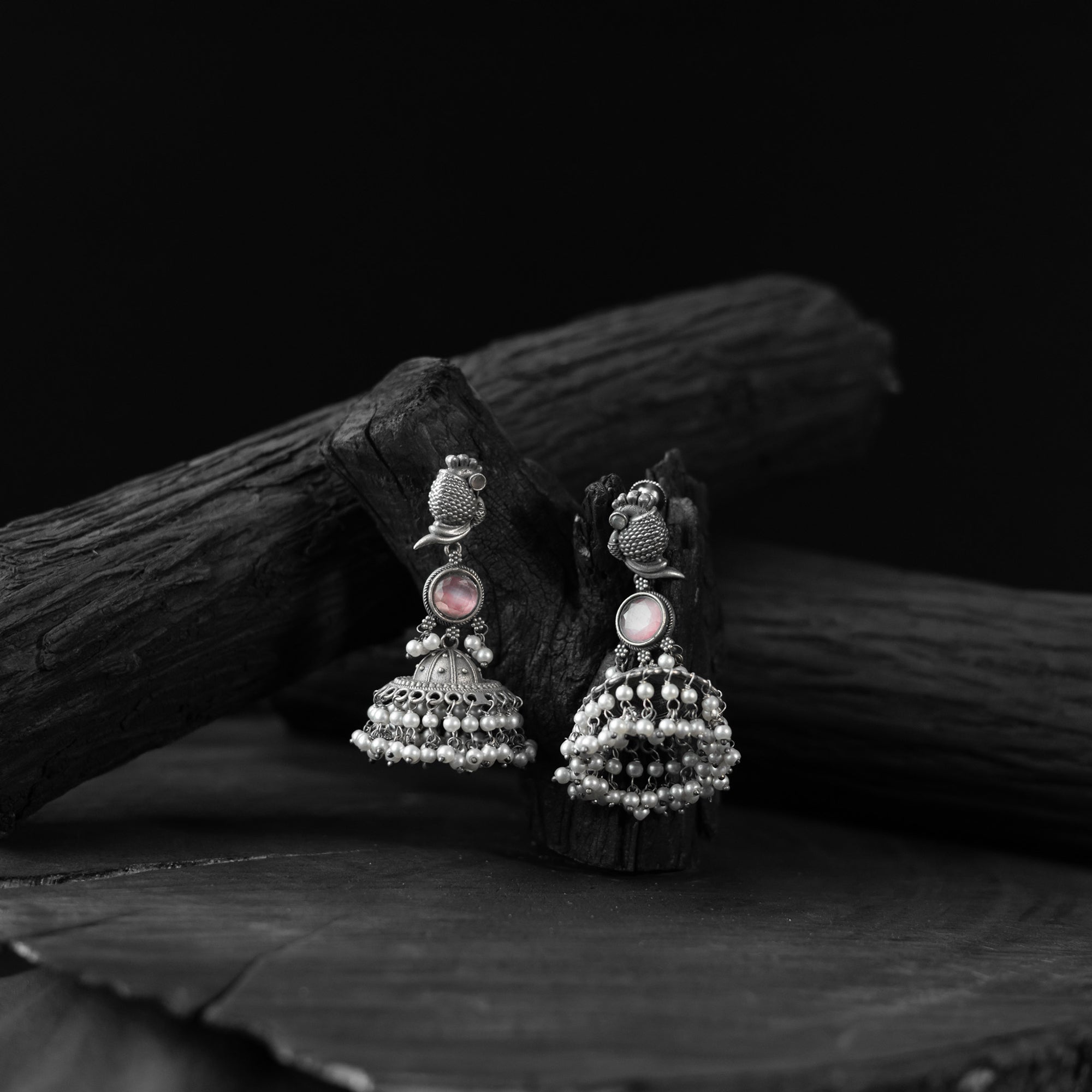 Saanjh Bela Peacock Light Pink Oxidised Earrings