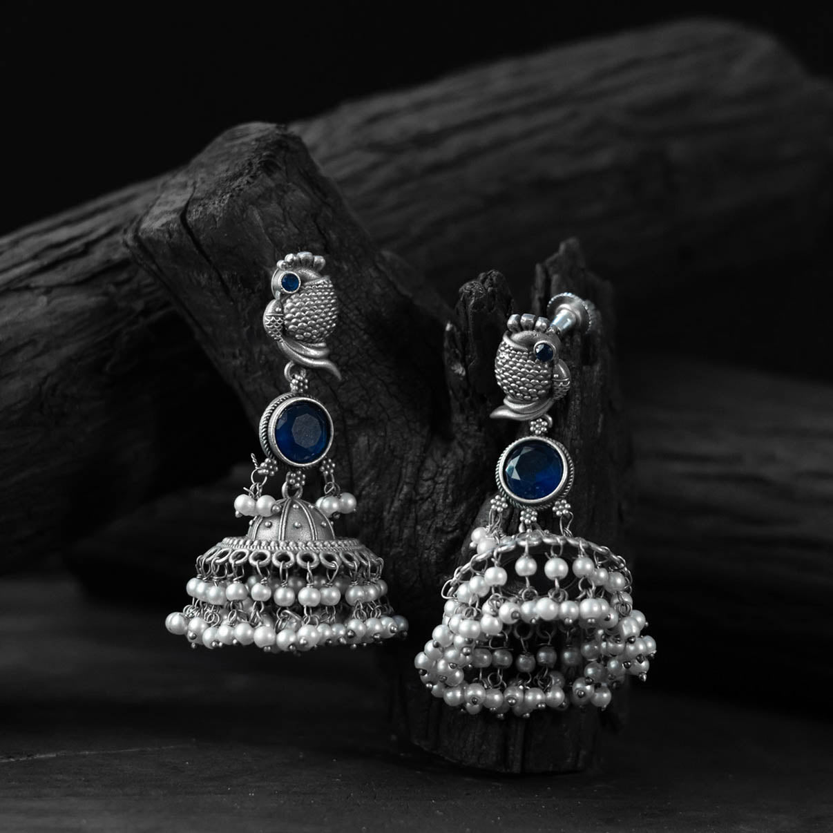 Saanjh Bela Peacock Blue Oxidised Earrings