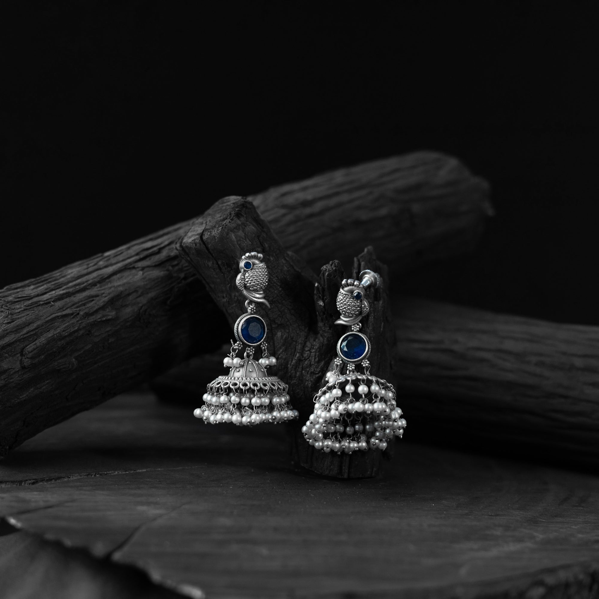 Saanjh Bela Peacock Blue Oxidised Earrings